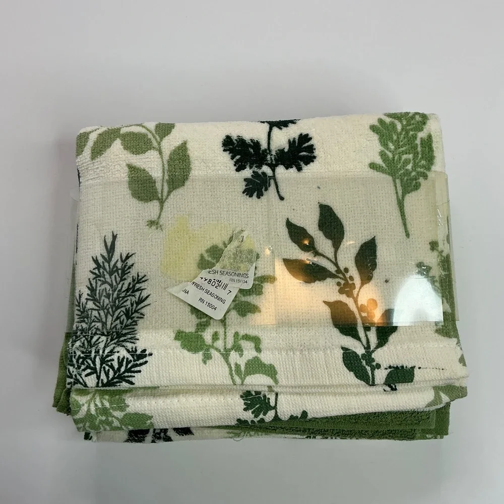 Ritz Green Botanical Herb Print Kitchen Towels Set of 4 Cotton Fresh Seasoning